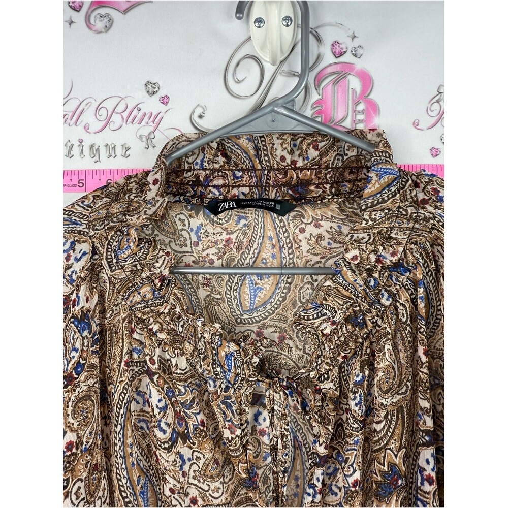 Zara blouse long sleeves tassels Beige Paisley Blouse with Blue & Brown Accents - Picture 10 of 12